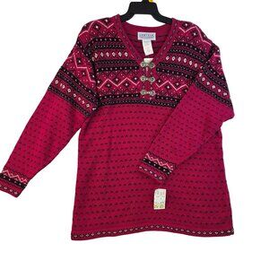 Jantzen 90s Nordic Print Large Alpine Ski Sweater Ornate Clasps Shoulder Pads